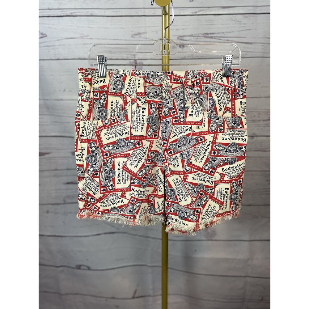Budweiser Vtg Logo High Rise Raw Hem Shorts Retro 1970s Unisex Red White Blue